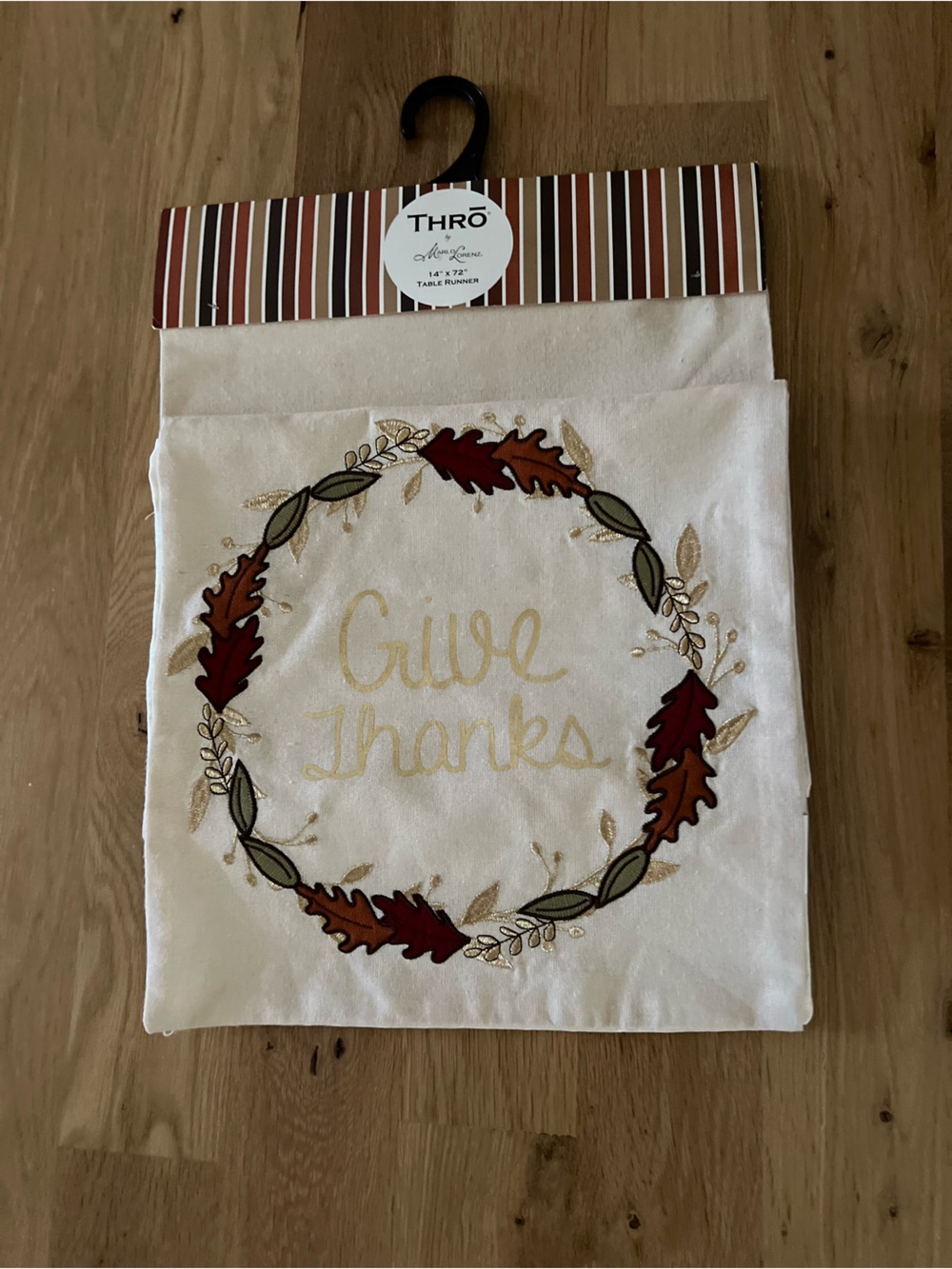 'NWT THRO Marlo Lorenz Give Thanks' Beige Embroidered Table Runner 14”X72”